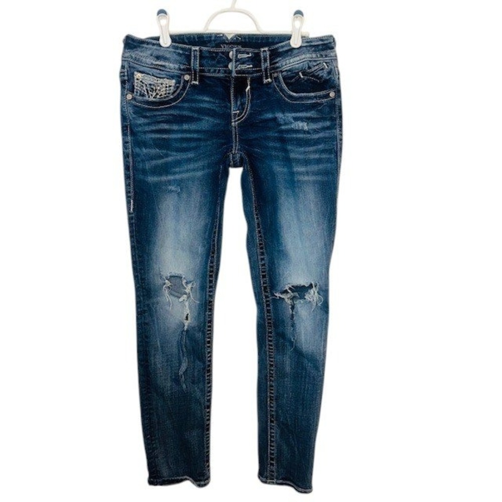 Women's Vigoss Ripped Distressed Skinny Jeans Dk Wash Denim‎ Embellished Pockets - Picture 2 of 14